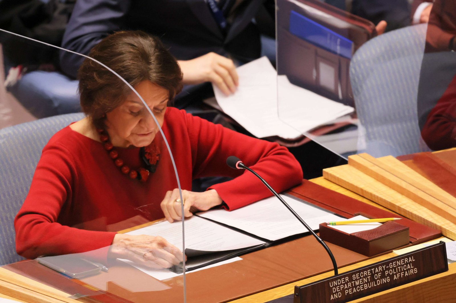 Rosemary A. DiCarlo, undersecretary-general for Political and Peacebuilding Affairs, speaks during the U.N. Security Council meeting to discuss the Russian and Ukraine conflict at the United Nations Headquarters, in New York City, U.S., March 11, 2022. (AFP Photo)