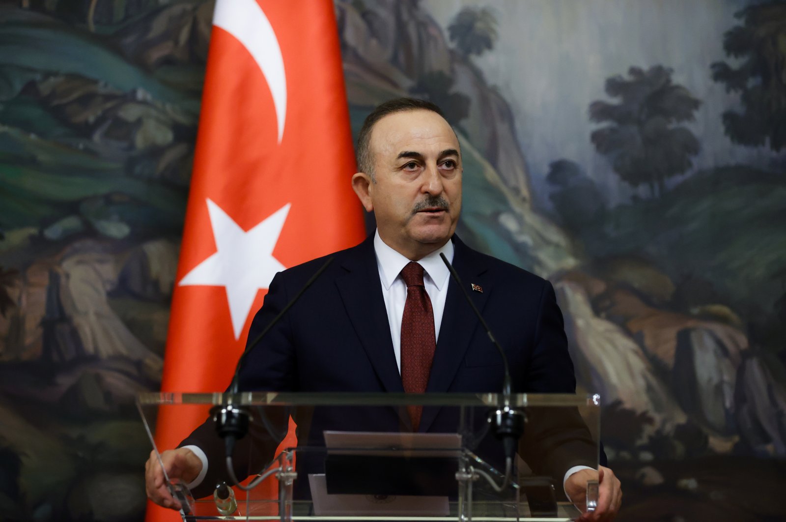 Foreign Minister Mevlüt Çavuşoğlu speaking at a joint press conference with his Russian counterpart in Moscow, Russia, March 16, 2022. (AA Photo)