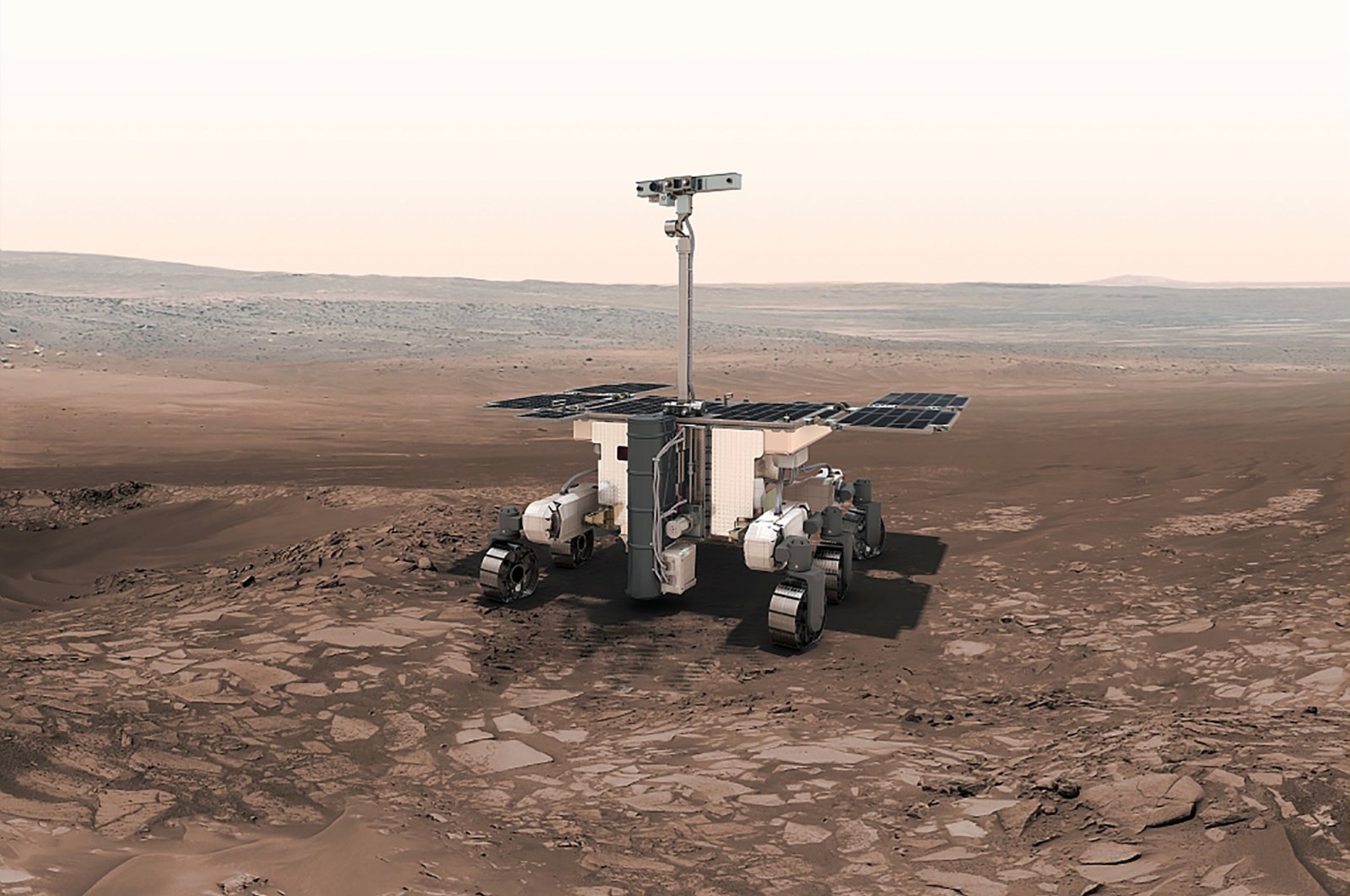 This undated artist rendition provided by the European Space Agency shows the ExoMars robot on Mars. (European Space Agency via AP)