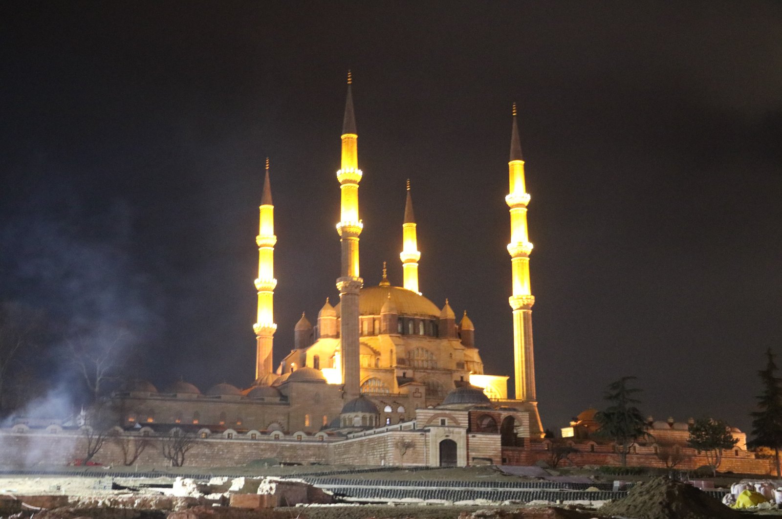 The minarets of Selimiye Mosque are seen illuminated on Berat Night in northwestern Edirne, Turkey, March 17, 2022. (IHA Photo)