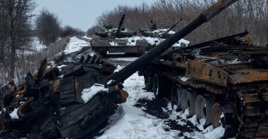 A charred Russian tank and captured tanks are seen amid Russia&#039;s invasion of Ukraine, in the Sumy region, Ukraine, March 7, 2022. (Reuters Photo)