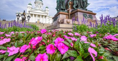 Flowers bloom in front of the historical Helsinki Cathedral, Helsinki, Finland. (Alamy Photo via Reuters)