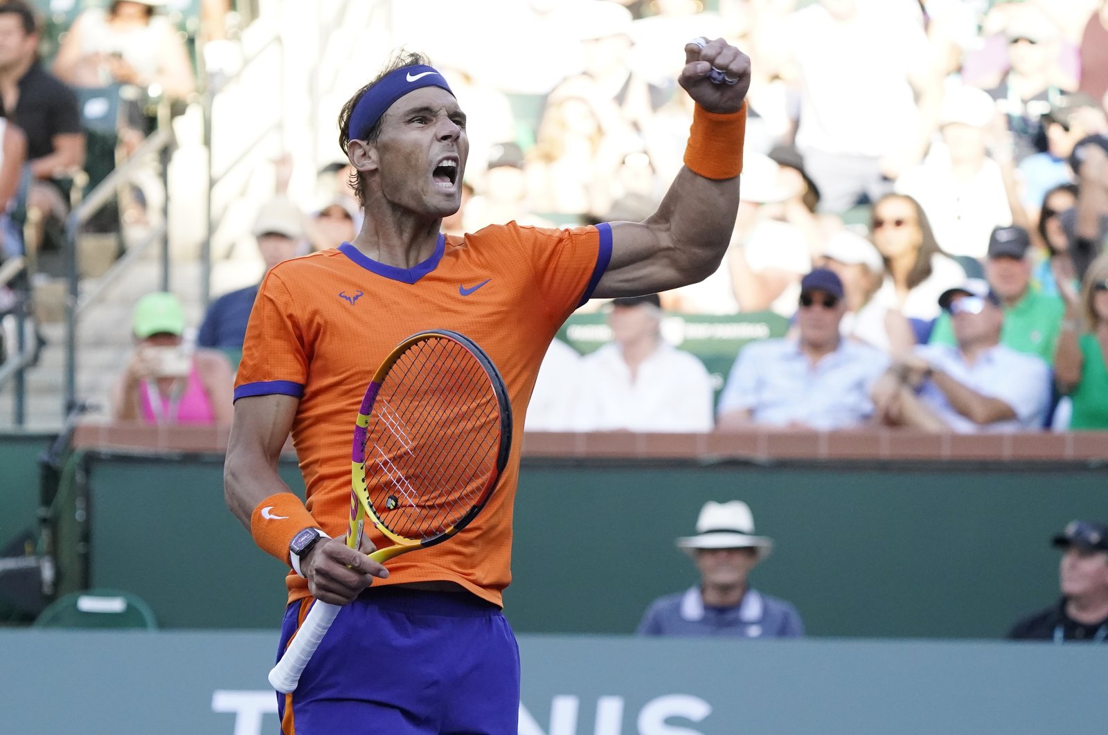 Rafael Nadal reacts in the Indian Wells Open quarterfinal against Nick Kyrgios Indian Wells, California, U.S., March 17, 2022. (AP Photo)