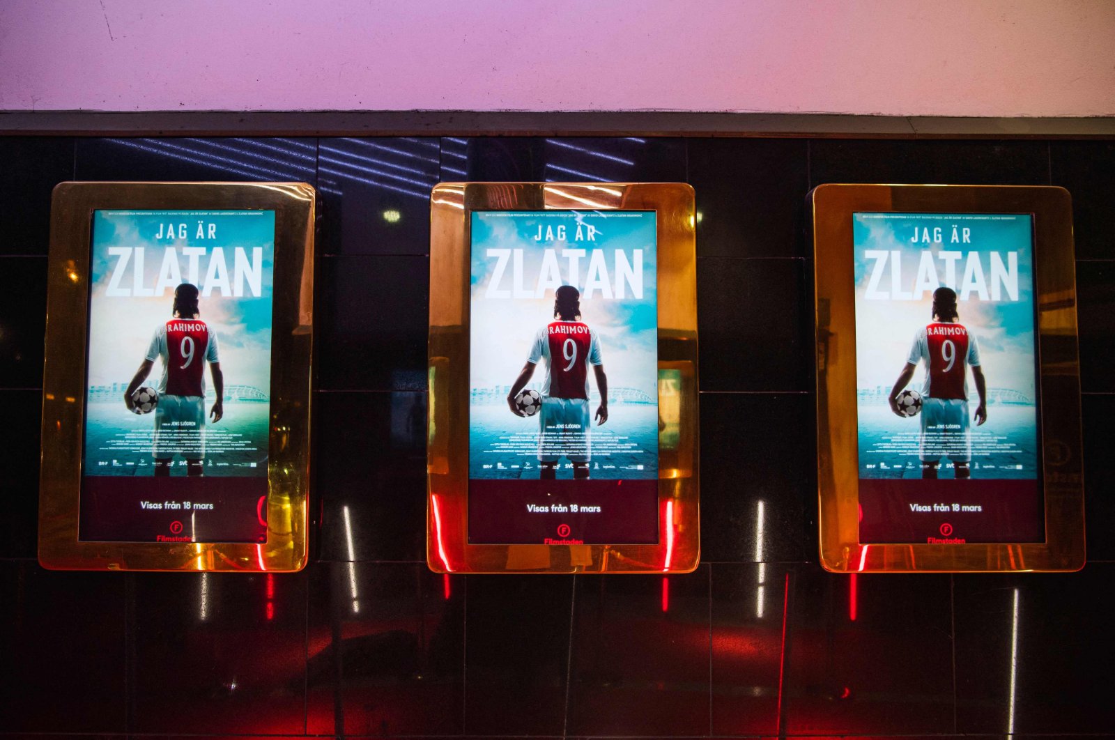 Film posters are seen prior to the gala premiere of the film "I Am Zlatan," Stockholm, Sweden, March 14, 2022. (AFP Photo)