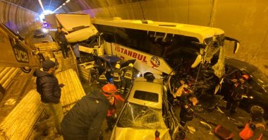 Damaged vehicles after a pileup are seen inside the Mount Bolu Tunnel, in northwestern Turkey, March 3, 2022. (AA Photo)