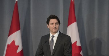 Prime Minster Justin Trudeau delivers remarks during a Liberal Party fundraising event at the Versailles Convention Centre in Mississauga, Ontario, Thursday, March 17, 2022. (Tijana Martin/The Canadian Press via AP)