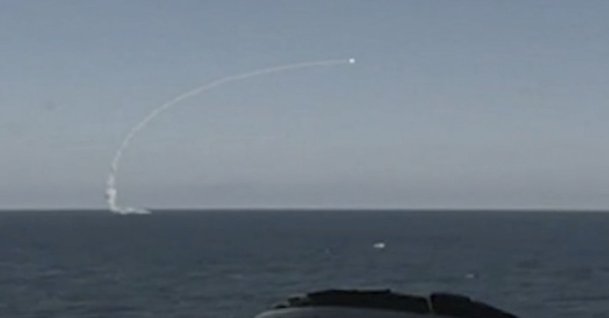 A handout still image taken from handout video made available by the Russian Defence Ministry press-service shows a Russian navy ship launching a "Kalibr/Klub" cruise missile in exercises that also launched the "Zirkon" hypersonic missiles during the Russian strategic deterrence forces exercises in Russia, Feb. 19, 2022. (EPA Photo)