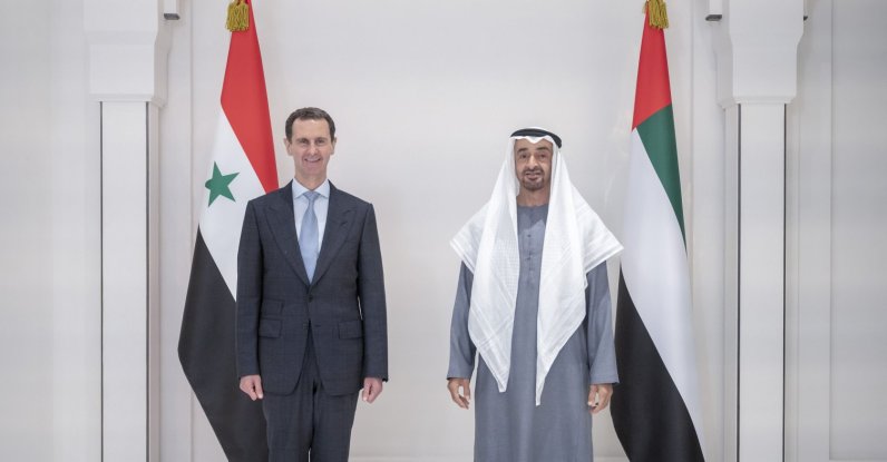 A handout photo made available by Ministry of Presidential Affairs - Abu Dhabi shows Crown Prince of Abu Dhabi and Deputy Supreme Commander of the UAE Armed Forces, Sheikh Mohamed bin Zayed Al Nahyan (R) and Syrian regime's Bashar Al Assad (L) after their meeting at Al Shati Palace in Abu Dhabi, United Arab Emirates, March 18, 2022. (EPA Photo)