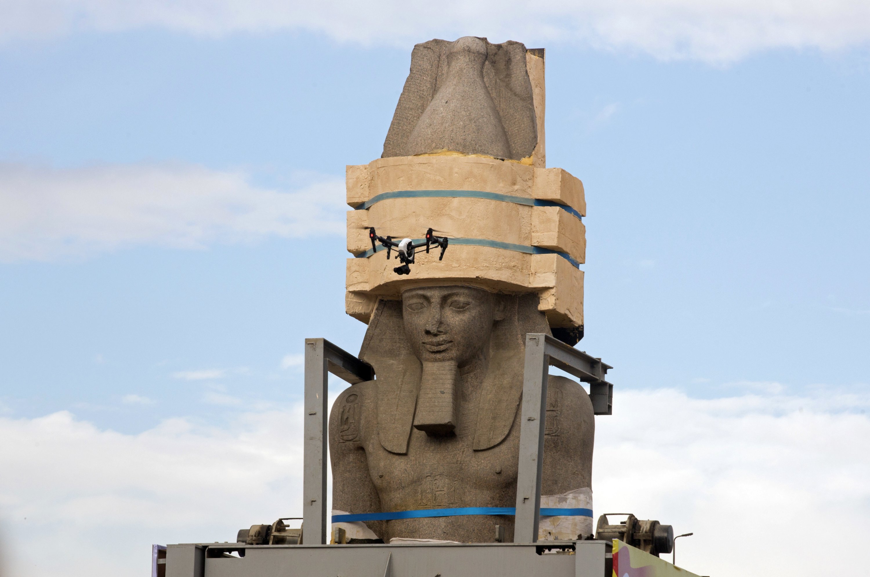 A drone films a giant statue of the pharaoh Ramses II                as it is relocated at the Grand Egyptian Museum, in Cairo,                Egypt, Jan. 25, 2018. (AP Photo)