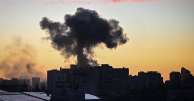 Smoke rises after an explosion caused by Russian attacks in capital Kyiv, Ukraine, March 16, 2022. (AFP Photo)