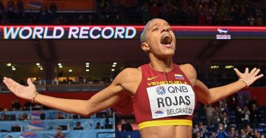 Venezuela&#039;s Yulimar Rojas celebrates setting a new world record in the women&#039;s triple jump final at the World Indoor Championships, Belgrade, Serbia, March 20, 2022. (AFP Photo)