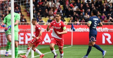Monaco's French forward Wissam Ben Yedder (C) celebrates after scoring a penalty during a French L1 match against PSG, Monaco, March 20, 2022. (AFP Photo)