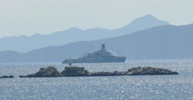 The 140-meter (460-foot) long Lloyd Werft Solaris superyacht, owned by Russian billionaire Roman Abramovich, is seen off Datça district, southwestern Muğla province, Turkey, March 21, 2022. (DHA Photo)