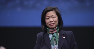 Singapore&#039;s Senior Minister of State Sim Ann in the Ministry of Foreign Affairs and the Ministry of National Development speaks at the Antalya Diplomacy Forum, Antalya, Turkey, March 12, 2022 (AA Photo)