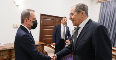 A handout photo made available by the press service of the  Russian Foreign Affairs Ministry shows Azerbaijan's Foreign Minister Jeyhun Bayramov (L) and Russian Foreign Minister Sergey Lavrov (R) during their meeting in Antalya, Turkey, March 10, 2022. (EPA File Photo)