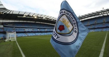 The Man City club logo decorates a corner flag before a Premier League match at the Etihad Stadium, Manchester, England, Sept. 1, 2018. (AP Photo)