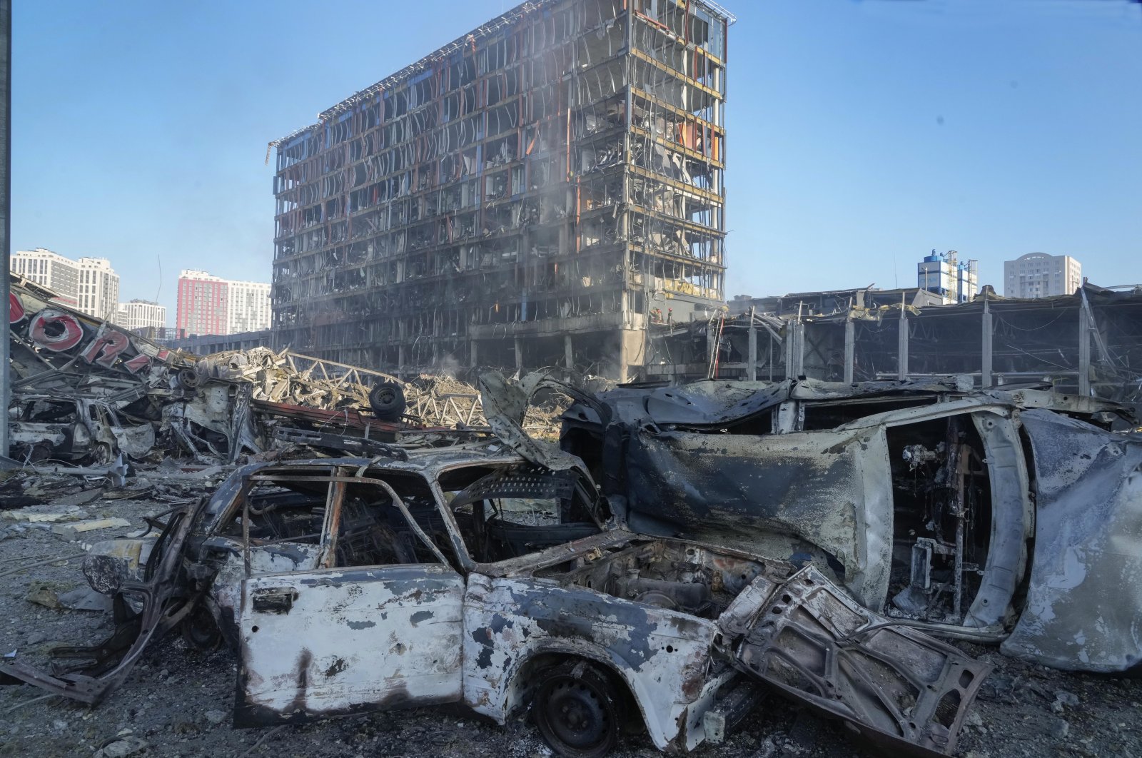 A view of the damage after the Russian shelling of a shopping center, in Kyiv, Ukraine, March 21, 2022. (AP)