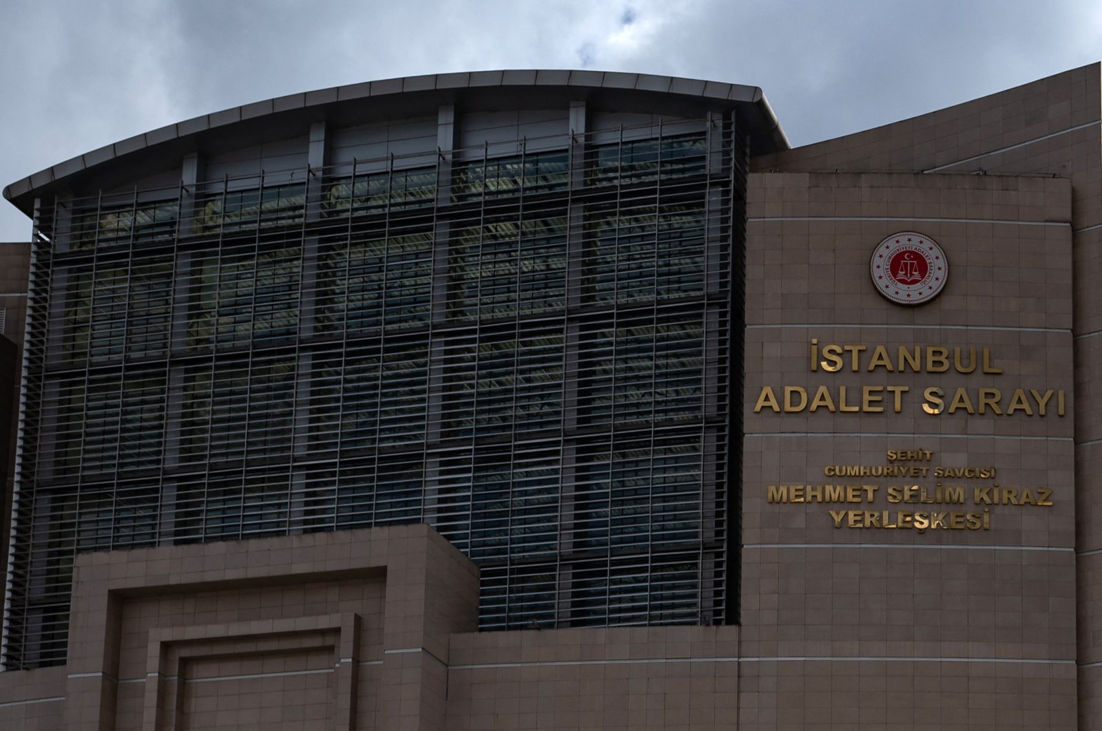A view of the logo and sign of the Çağlayan Justice Palace courthouse in Istanbul on March 21, 2022. (AFP)