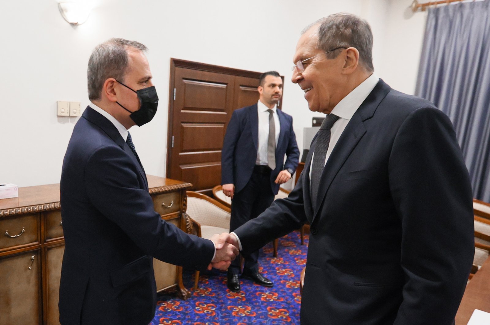 A handout photo made available by the press service of the  Russian Foreign Affairs Ministry shows Azerbaijan&#039;s Foreign Minister Jeyhun Bayramov (L) and Russian Foreign Minister Sergey Lavrov (R) during their meeting in Antalya, Turkey, March 10, 2022. (EPA File Photo)