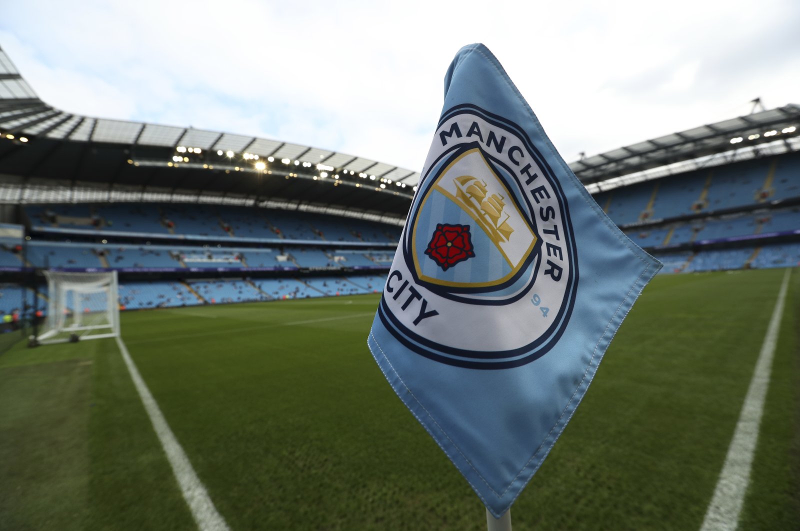 The Man City club logo decorates a corner flag before a Premier League match at the Etihad Stadium, Manchester, England, Sept. 1, 2018. (AP Photo)