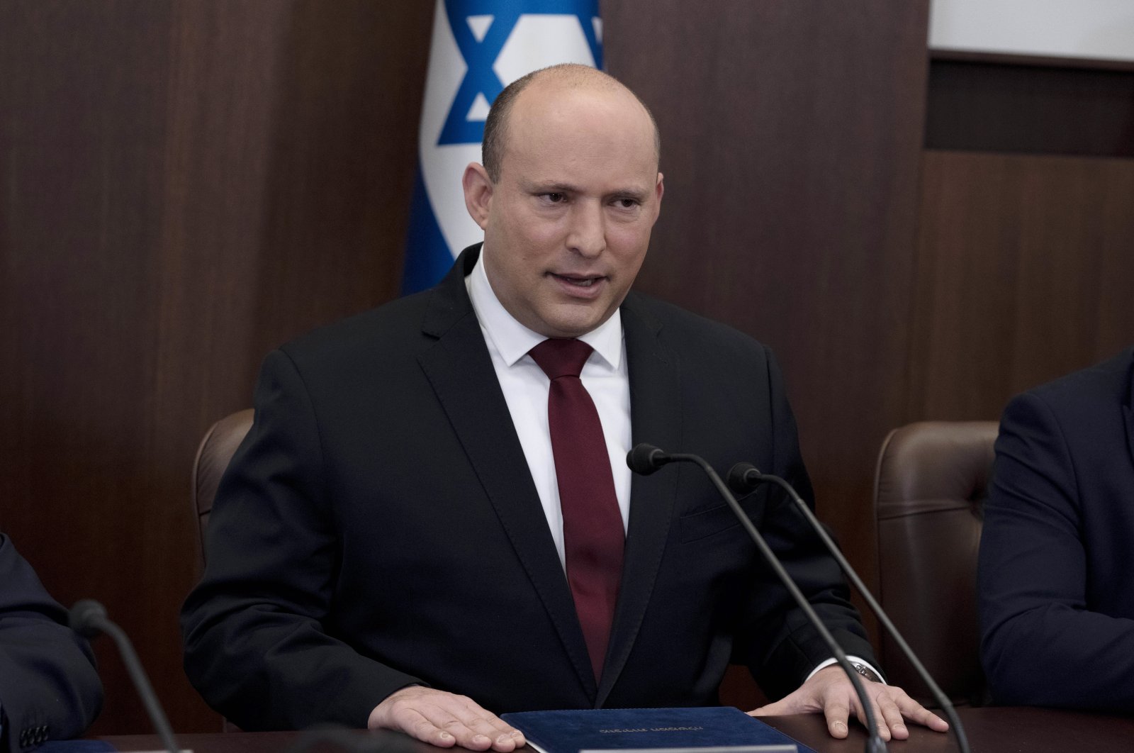 Israeli Prime Minister Naftali Bennett chairs the weekly cabinet meeting in Jerusalem, Sunday, March 20, 2022. (AP Photo/Maya Alleruzzo, Pool)