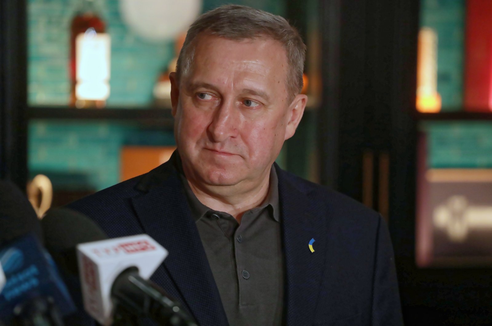 Ukrainian Ambassador to Poland Andrii Deshchytsia during a press conference after his meeting on aid for Ukrainian refugees with Rotary International President Shekhar Mehta, at the Hotel Europejski in Warsaw, Poland, March 21, 2022. (EPA File Photo)