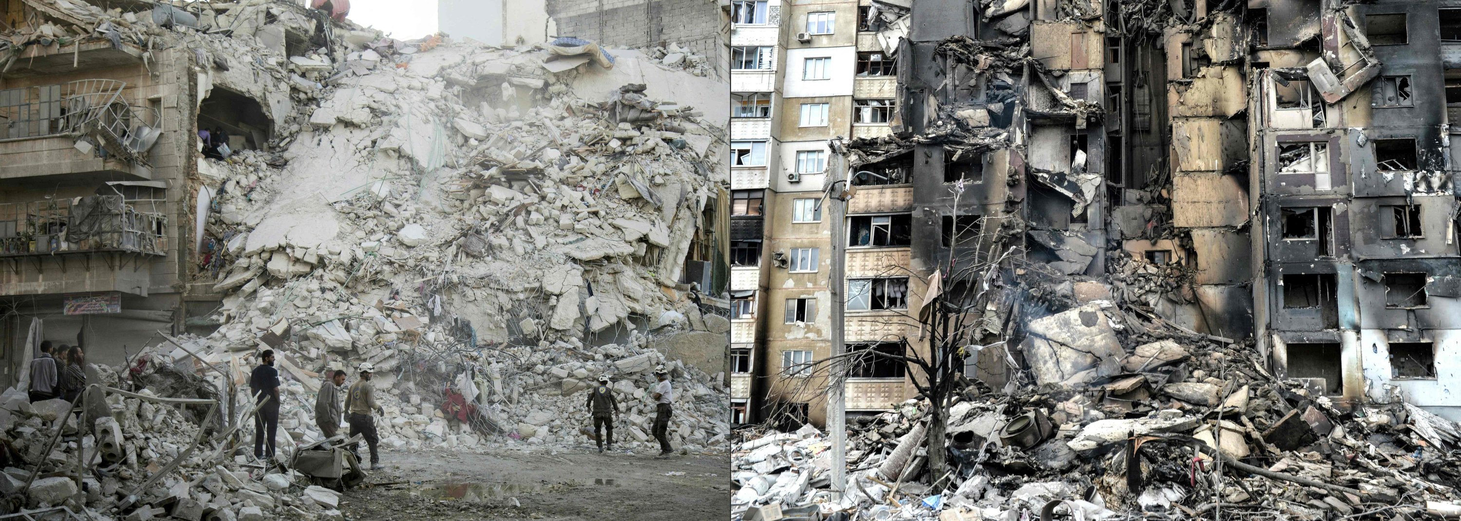 Kombinasi gambar ini menunjukkan anggota White Helmets mencari korban di tengah puing-puing bangunan yang hancur setelah serangan udara yang dilaporkan di lingkungan Qatarji di kota utara Aleppo, pada 17 Oktober 2016, dan gambar yang menunjukkan sebuah gedung apartemen hancur. setelah penembakan sehari sebelumnya di kota terbesar kedua di Ukraina Kharkiv pada 8 Maret 2022. (AFP Photo)