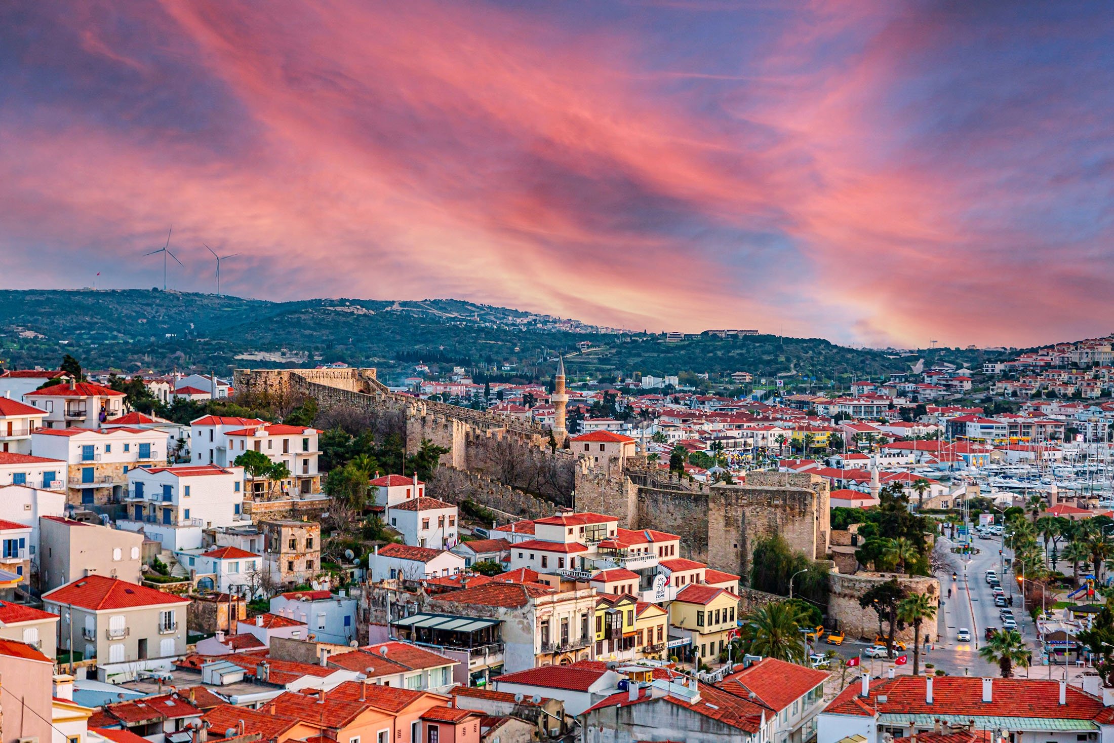 A view of Çeşme and its castle and city center, in Izmir, western Turkey, March 11, 2019. (Shutterstock Photo)