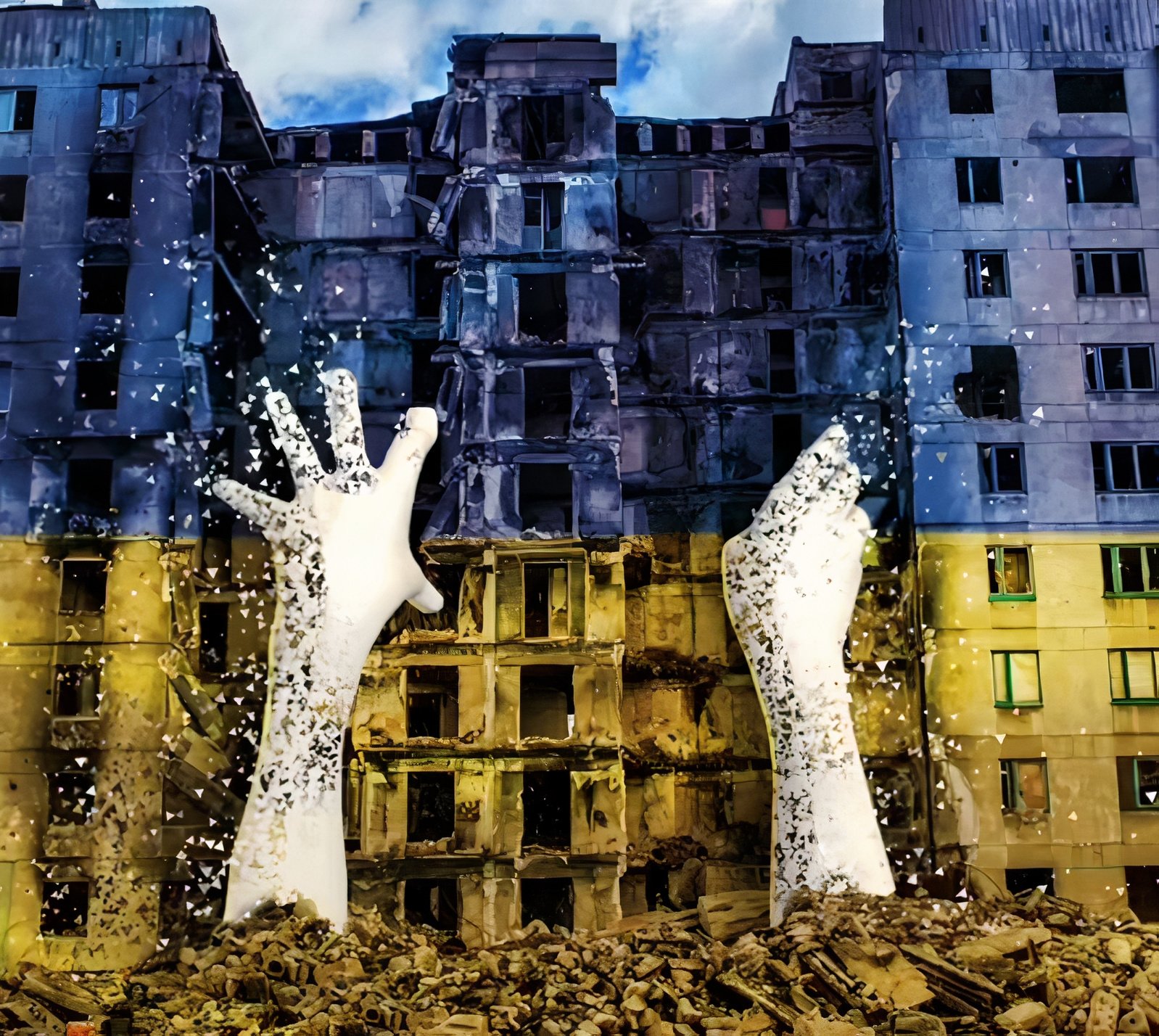 A pair of hands projected on a ruined building in Ukraine