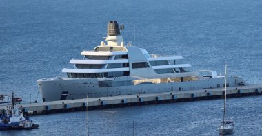 Solaris, a superyacht linked to sanctioned Russian oligarch Roman Abramovich, is pictured in Bodrum, southwest Turkey, March 22, 2022. (Reuters Photo)