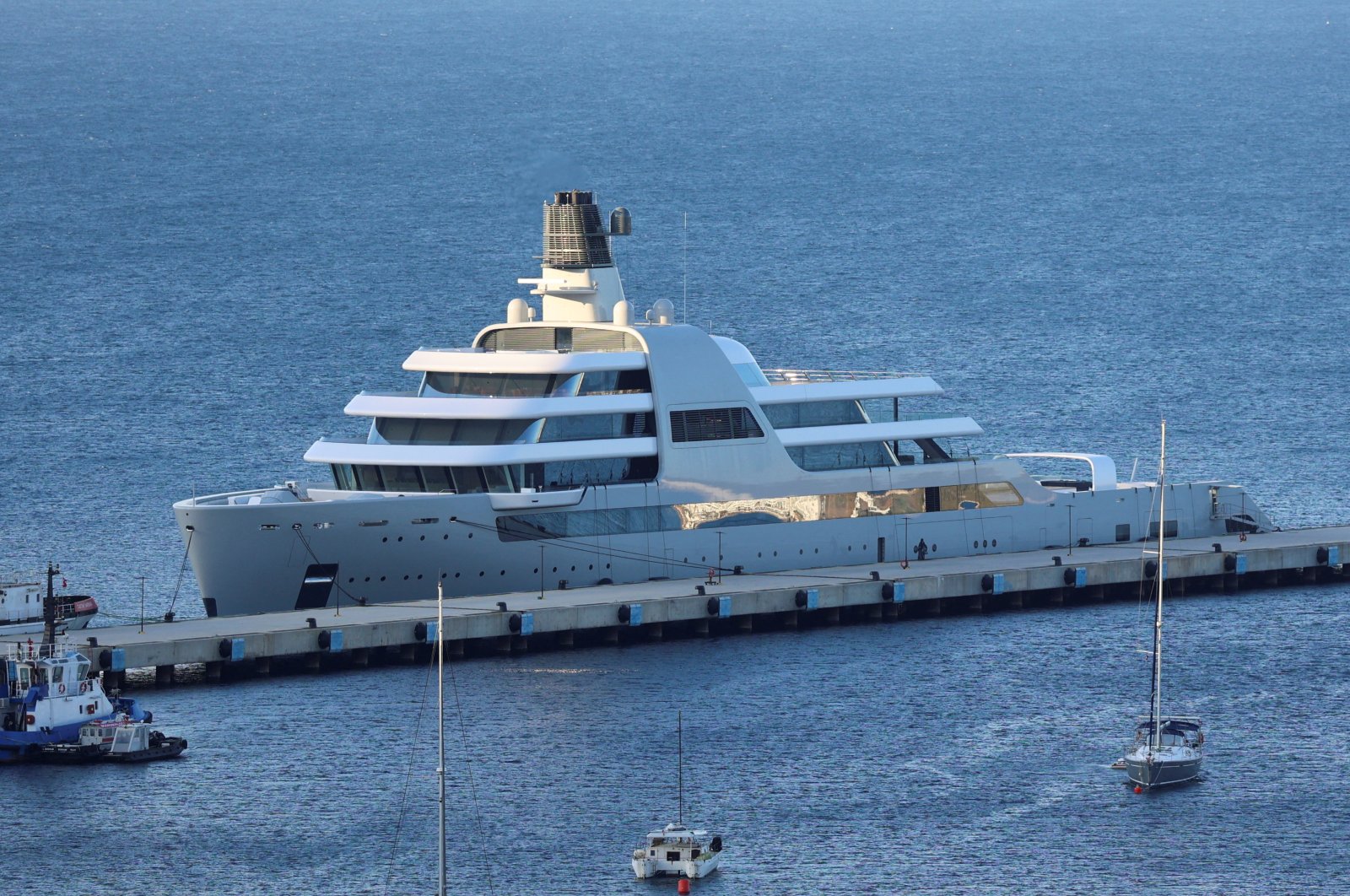 Solaris, a superyacht linked to sanctioned Russian oligarch Roman Abramovich, is pictured in Bodrum, southwest Turkey, March 22, 2022. (Reuters Photo)