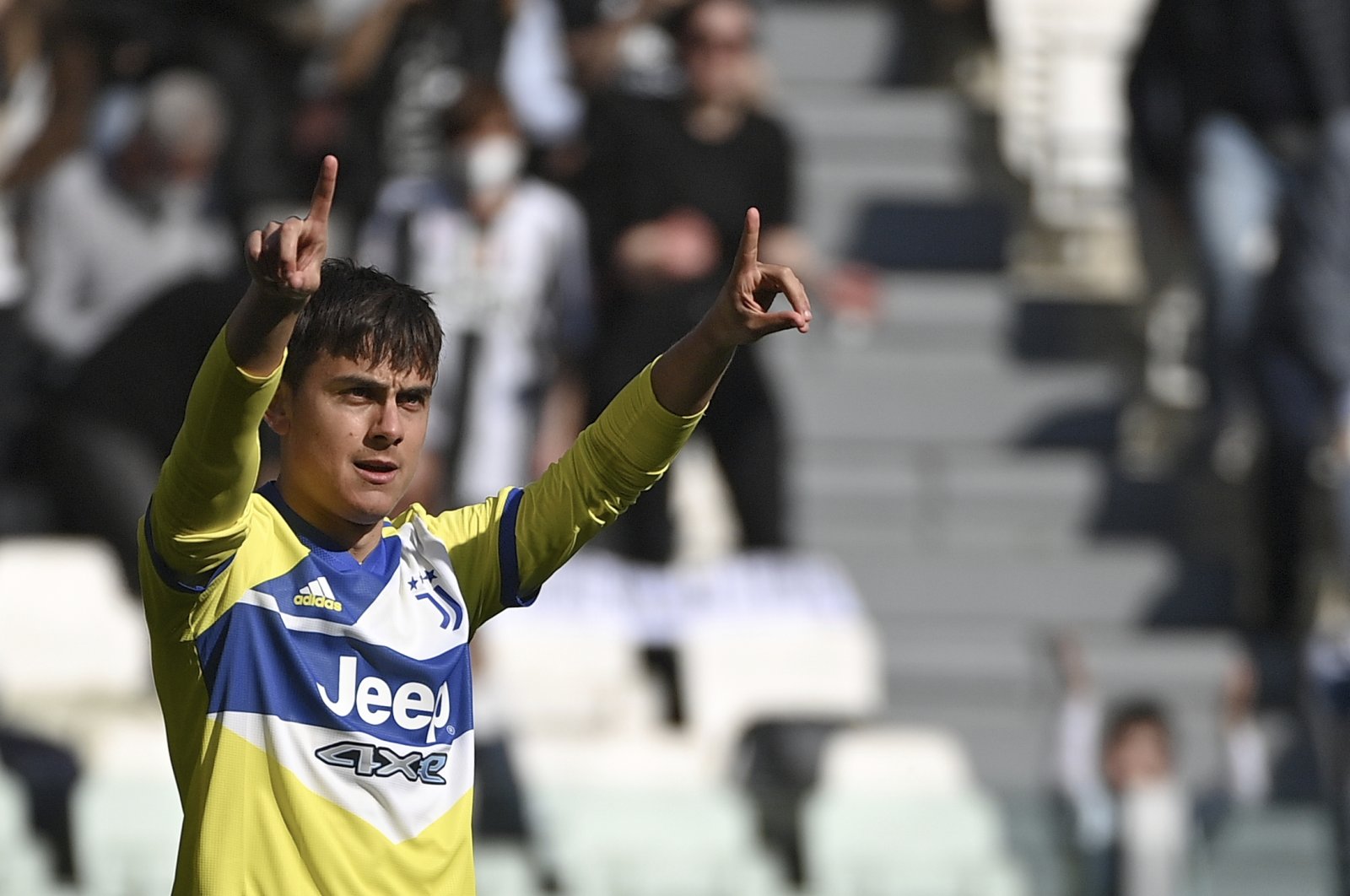 Juventus&#039; Paulo Dybala celebrates after scoring in a Serie A match against Salernitana, Turin, Italy, March 20, 2021. (AP Photo)