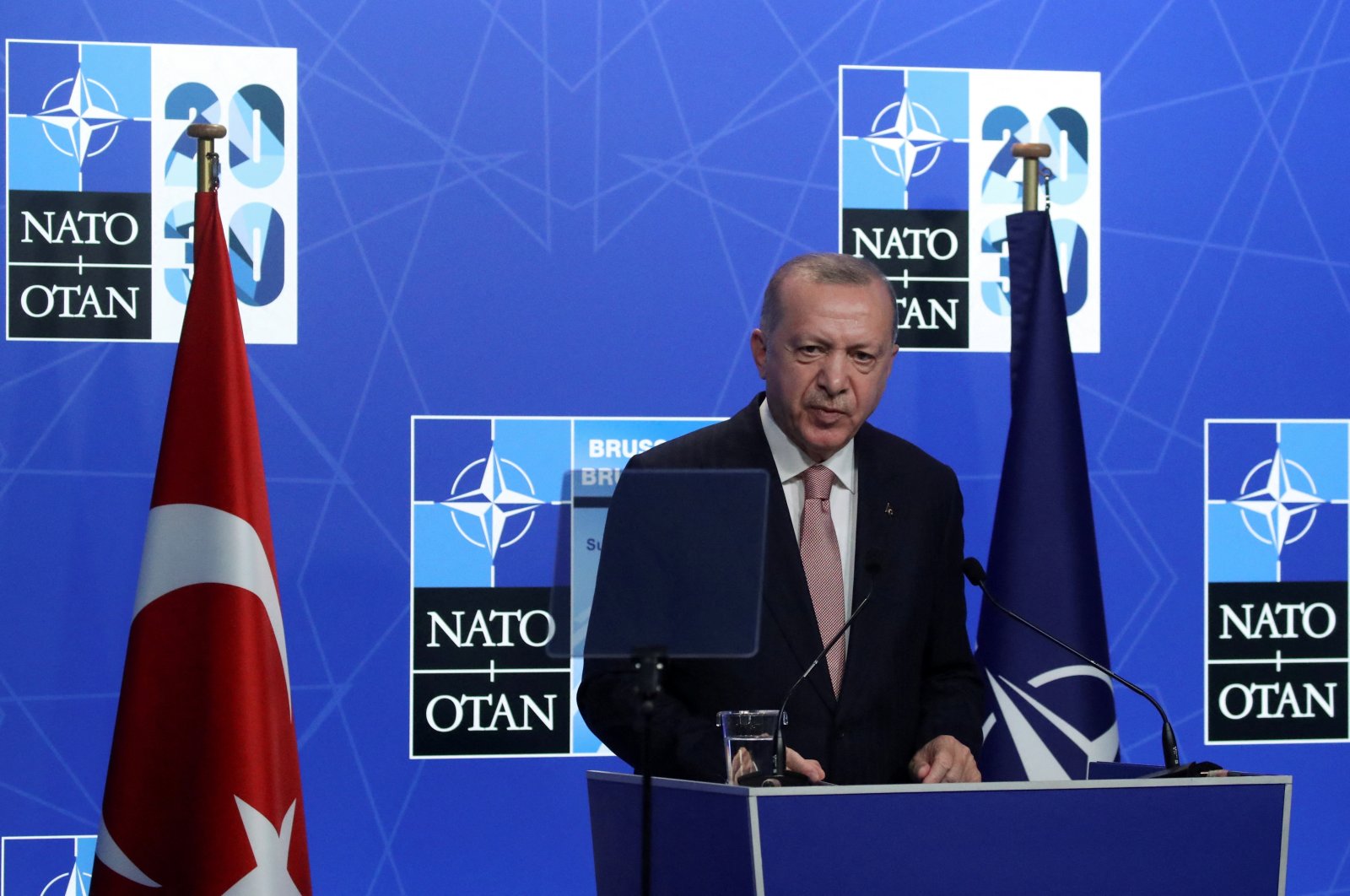 President Recep Tayyip Erdoğan holds a news conference during the NATO summit at the Alliance&#039;s headquarters in Brussels, Belgium, June 14, 2021. (Reuters File Photo)