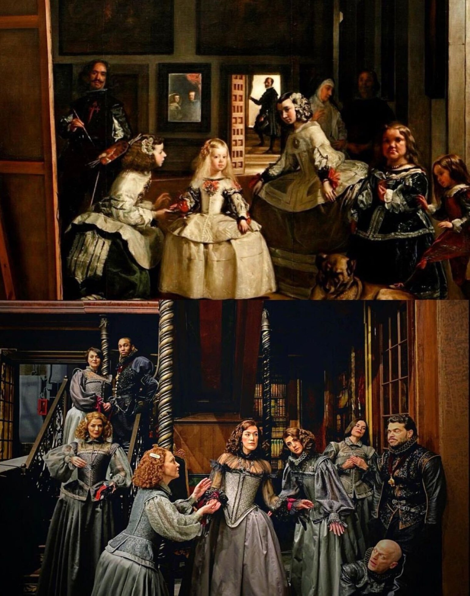 Diego Velazquez&#039;s famous painting "Las Meninas" (top) is recreated by the Met cast of "Don Carlos," New York, U.S., March 23, 2022. (From Instagram / @metopera)