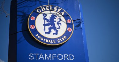The Chelsea FC emblem is seen outside the club&#039;s home stadium Stamford Bridge, London, England, March 18, 2022. (AFP Photo)