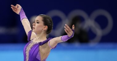 Russia's Kamila Valieva in action at the 2022 Winter Olympics, Beijing, China, Feb. 15, 2022. (AP Photo)