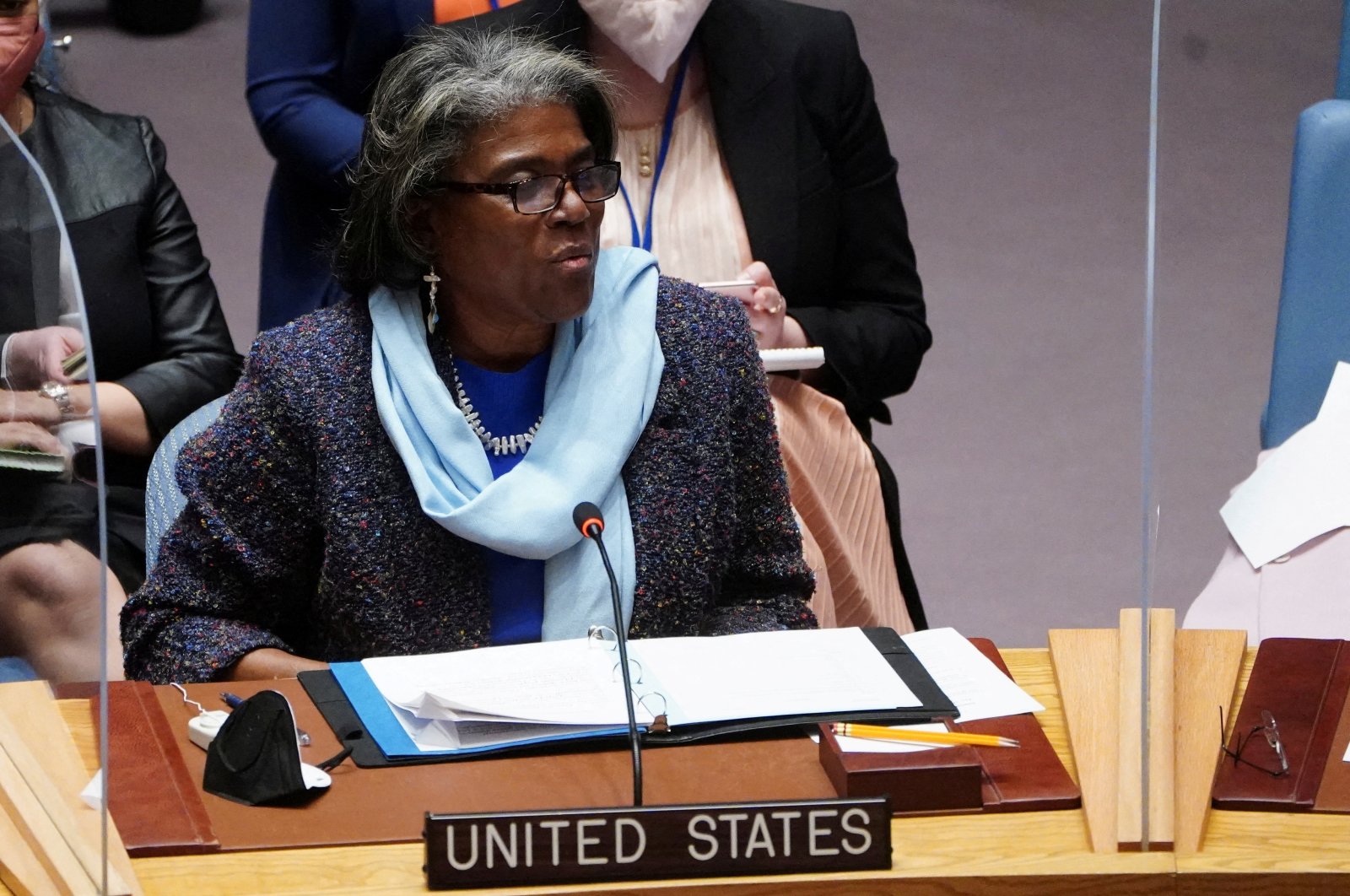 U.S. Ambassador to the U.N. Linda Thomas-Greenfield speaks during a meeting of the United Nations Security Council on Threats to International Peace and Security, following Russia&#039;s invasion of Ukraine, in New York City, U.S., March 7, 2022. (Reuters Photo)