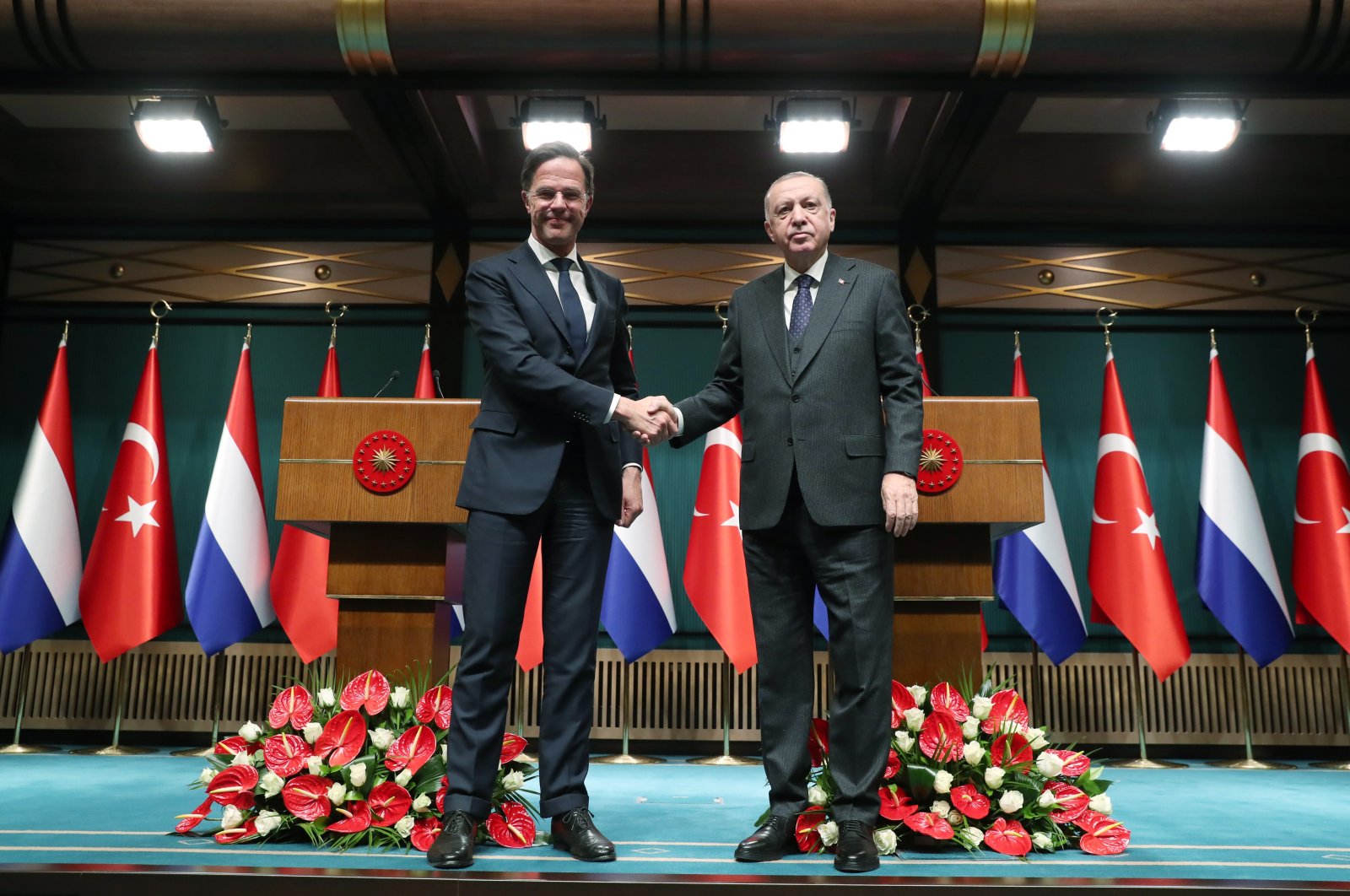 President Recep Tayyip Erdoğan and Dutch Prime Minister Mark Rutte attend a press conference after their meeting in the capital Ankara, Turkey, March 22, 2022. (EPA Photo)