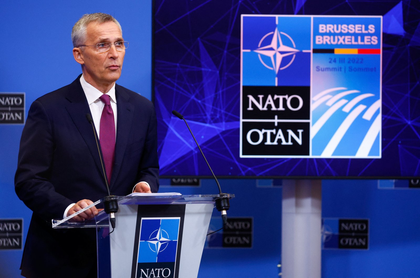NATO Secretary-General Jens Stoltenberg attends a news conference on the eve of a NATO summit, amid Russia&#039;s invasion of Ukraine, in Brussels, Belgium, March 23, 2022. (Reuters Photo)