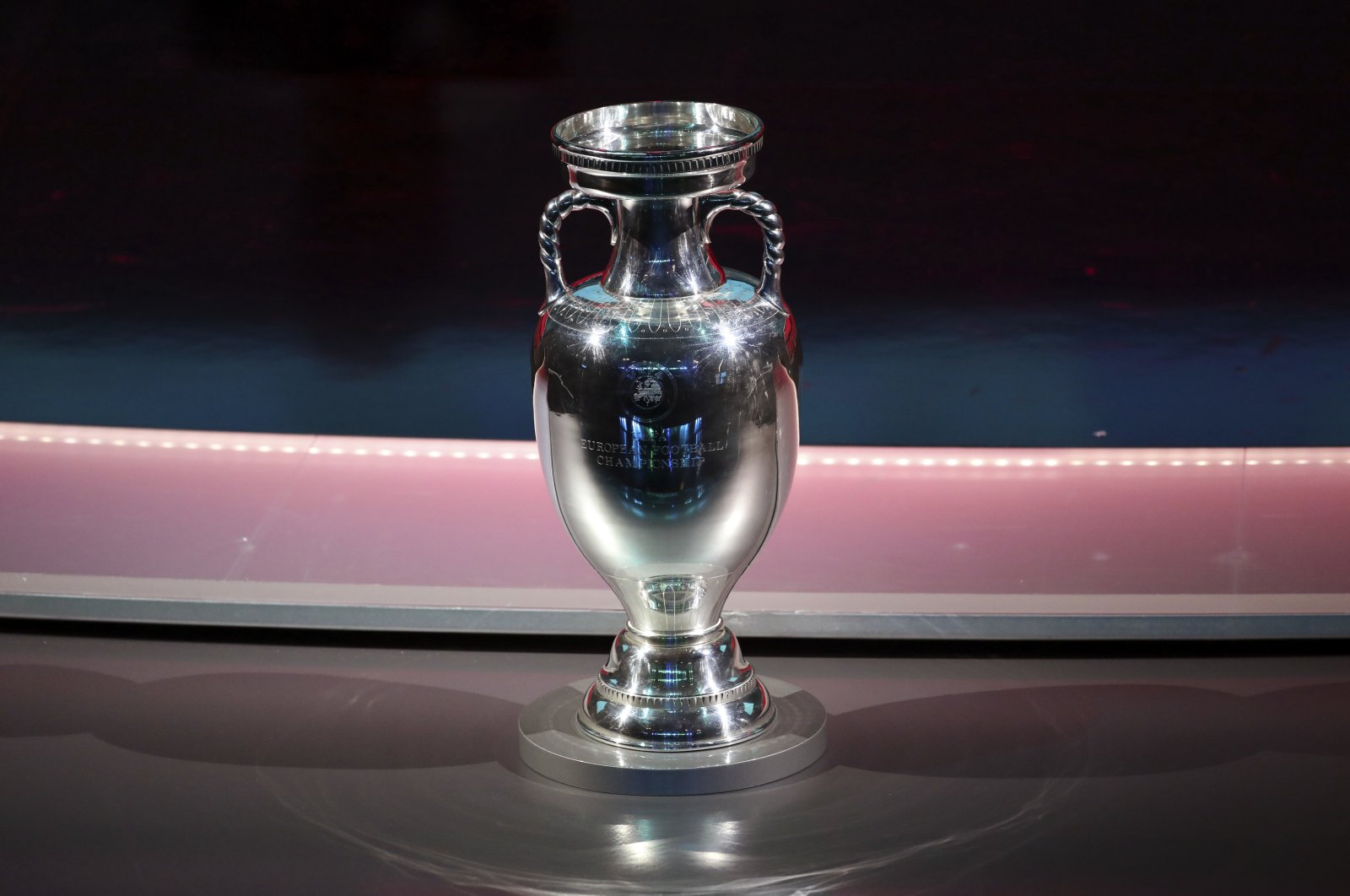 The Henri Delaunay Trophy is displayed on the stage during the UEFA Euro 2020 European championship draw, Dublin, Ireland, Dec. 2, 2018. (AP Photo)