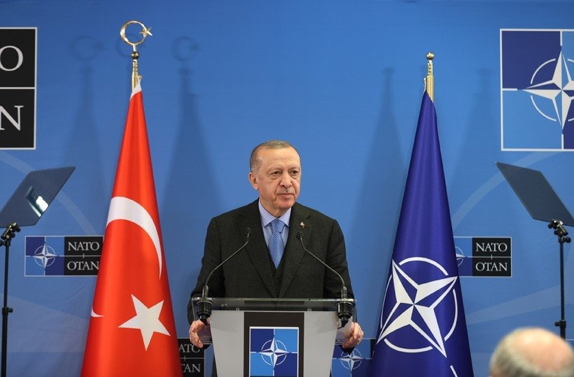 President Recep Tayyip Erdoğan speaks during a press conference after the NATO leaders&#039; summit in Brussels on March 24, 2022. (IHA Photo)
