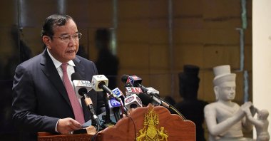 Cambodia&#039;s Foreign Minister Prak Sokhonn, the Association of Southeast Asian Nations (ASEAN) special envoy to Myanmar, speaks during a press conference at Phnom Penh international airport, March 23, 2022. (AFP Photo)