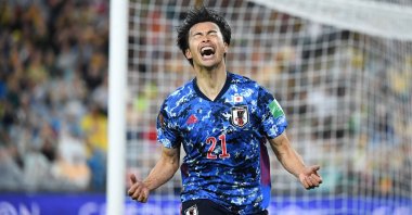 Japan's Kaoru Mitoma celebrates after scoring in a Qatar World Cup 2022 Asian qualifiers against Australia, Sydney, March 24, 2022. (AFP Photo)