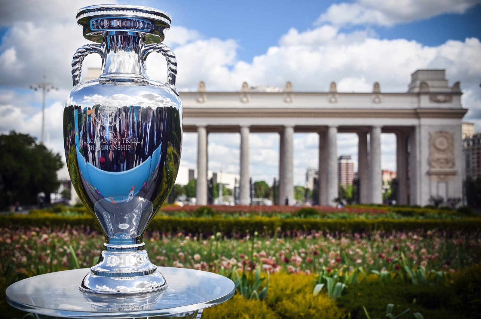 The UEFA European Football Championship trophy is pictured during a presentation at Gorky Park, Moscow, Russia, May 24, 2021. (AFP Photo)