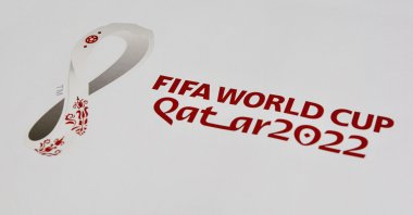 Official logo World Cup 2022 in Qatar printed on a banner at the Olympic stadium in Kyiv, Ukraine, Nov. 9, 2021. (Reuters Photo)