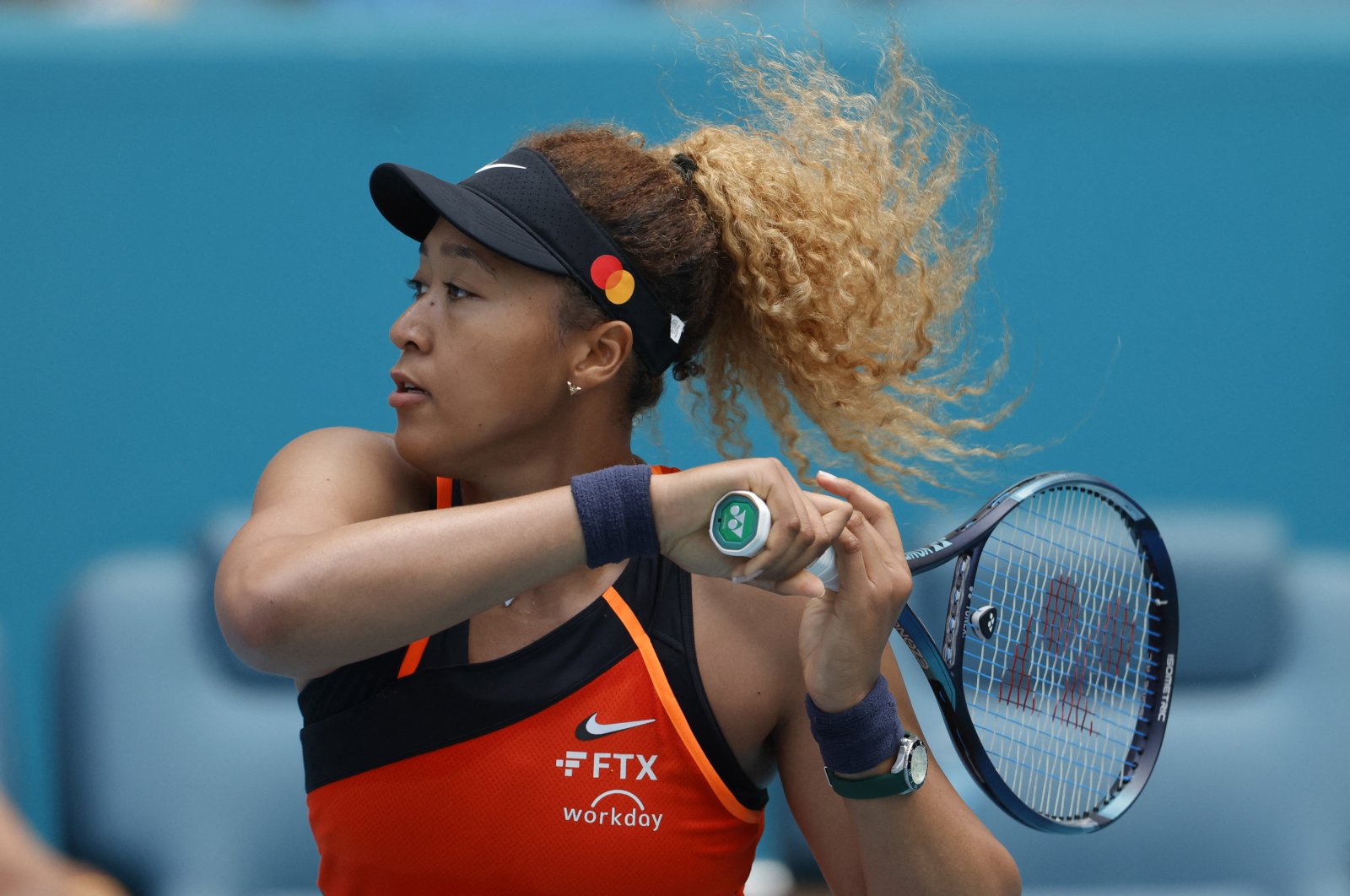 Naomi Osaka in action during a Miami Open singles match against Angelique Kerber at the Hard Rock Stadium, in Miami Gardens, U.S., March 24, 2022. (Reuters Photo)