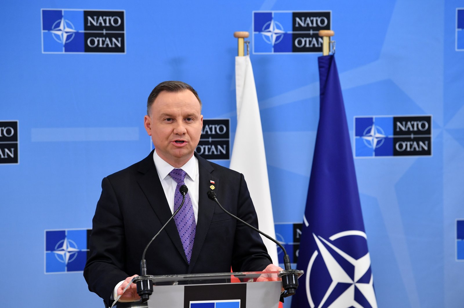 Polish President Andrzej Duda gives a press conference at the end of an extraordinary NATO Summit at the Alliance headquarters in Brussels, Belgium, March 24, 2022. (EPA Photo)