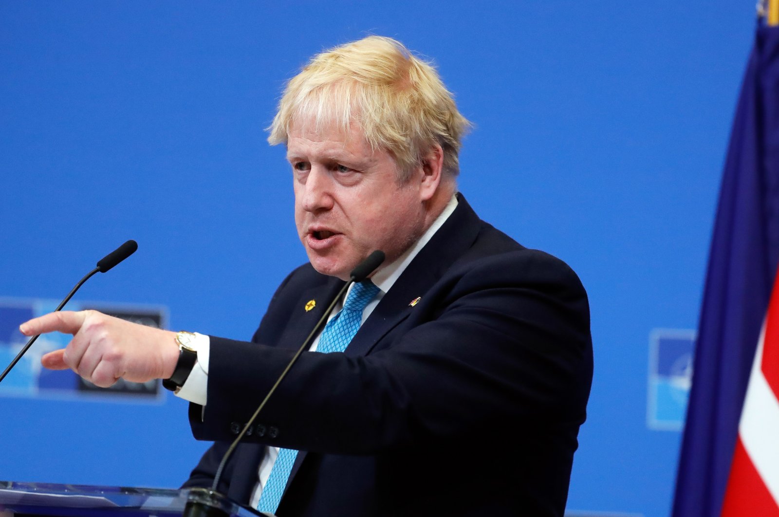 British Prime Minister Boris Johnson gives a press conference at the end of a NATO meeting at the Alliance headquarters in Brussels, Belgium, March 24, 2022. (EPA Photo)