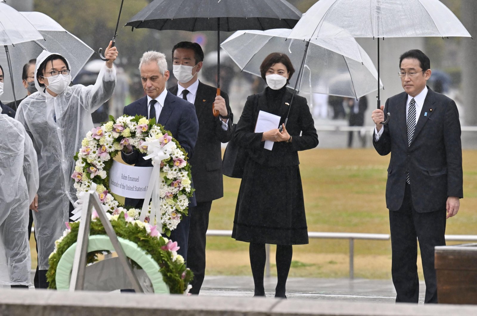 Japanese Prime Minister Fumio Kishida (R) and U.S. Ambassador to Japan Rahm Emanuel visit Hiroshima&#039;s Peace Memorial Park in Hiroshima, Japan, March 26, 2022. (Reuters Photo)
