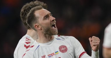 Denmark&#039;s Christian Eriksen celebrates scoring in an international friendly against the Netherlands, Amsterdam, the Netherlands, March 26, 2022. (AP Photo)